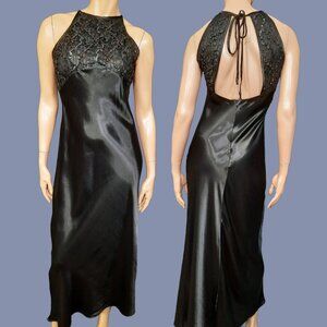 Vintage 80s Black Satin Art Deco Dress Womens S Sleeveless Full Length Evening